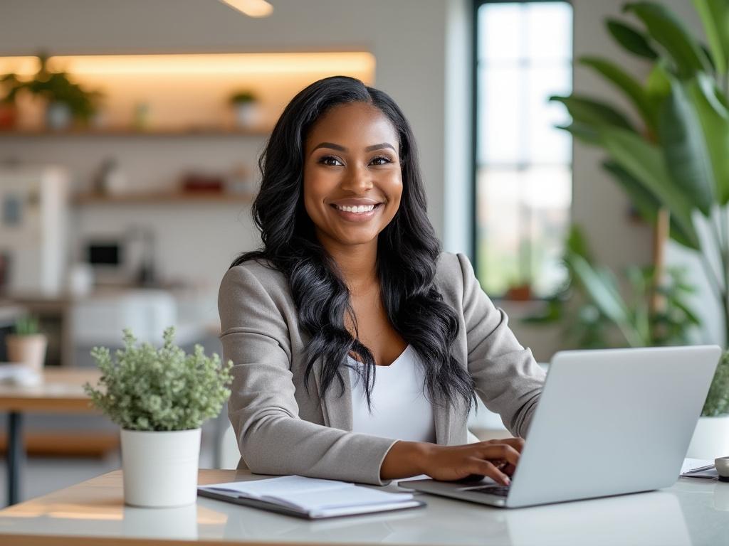 Smiling woman working at a laptop in a modern office setting with plants and natural lighting.