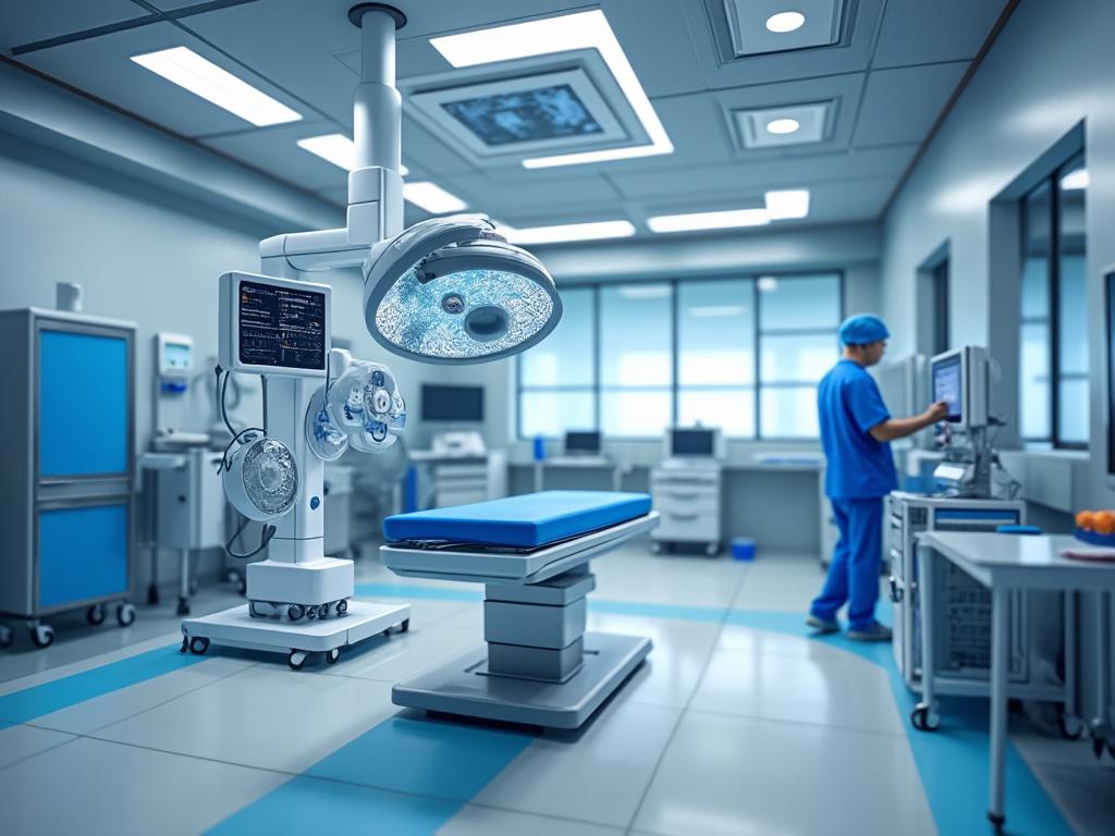 Sala de cirugía moderna con equipo médico avanzado y personal médico operando máquinas en un ambiente clínico.