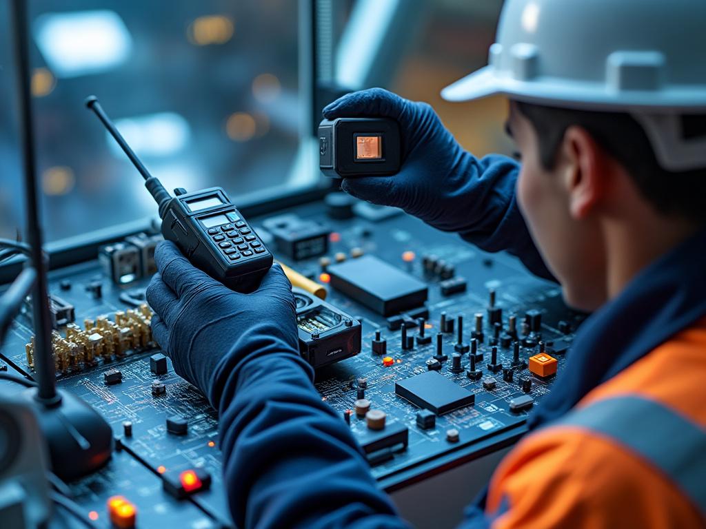 Technician in safety gear operating electronic equipment in a control room, holding a handheld device.