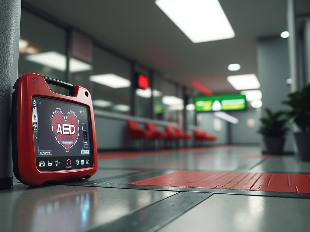 Red AED defibrillator device on the floor of a modern hospital corridor with bright lights and red chairs.