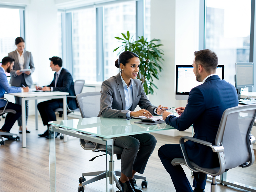 Business professionals in suits discussing documents at a glass desk in a modern office meeting