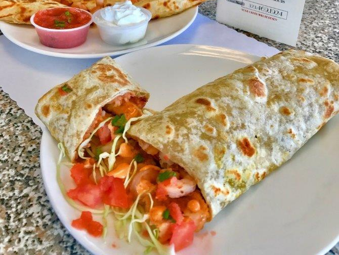 Fish burrito and shrimp quesadilla