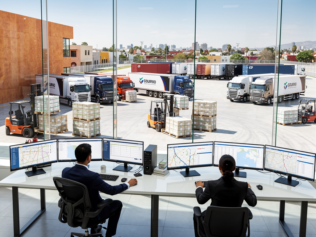 Centro logístico moderno con operadores monitoreando flota de camiones, montacargas y palets desde sala de control