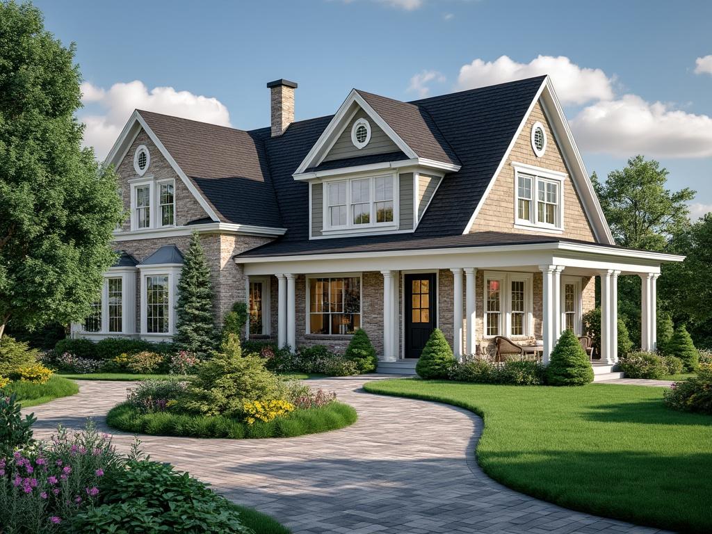Casa de estilo tradicional con fachada de ladrillo, techo de tejas oscuras y jardín bien cuidado con sendero pavimentado.