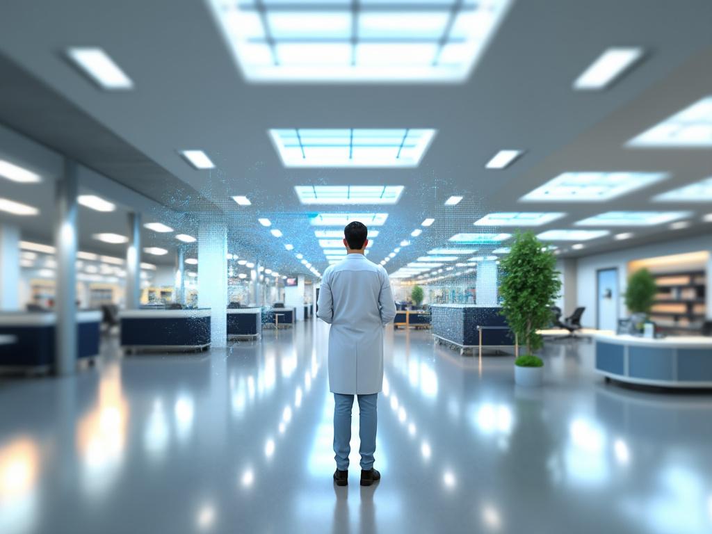 Científico con bata blanca de espaldas en un laboratorio moderno y luminoso con plantas y mobiliario de oficina.