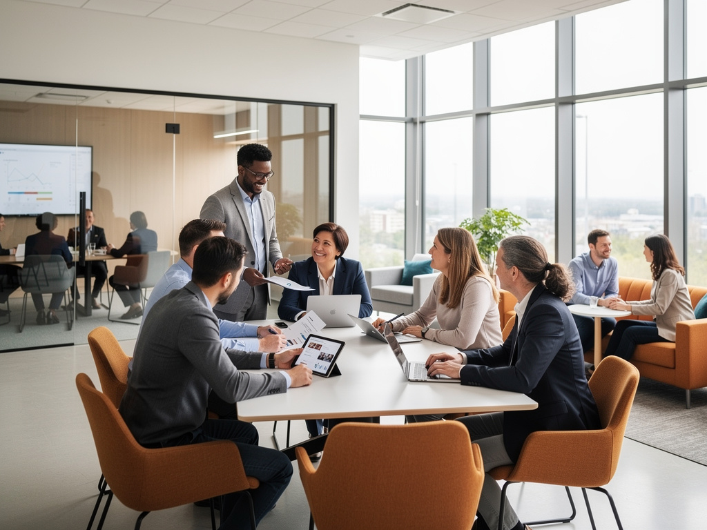 Equipo de profesionales en reunión de negocios colaborativa en oficina moderna con portátiles y grandes ventanales