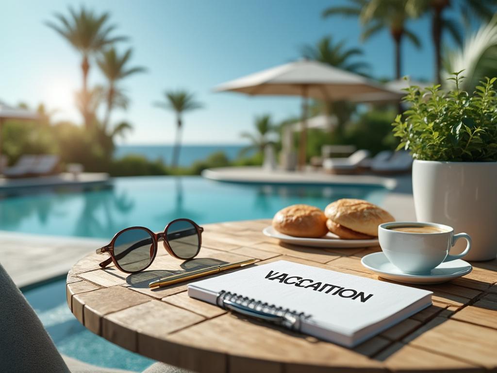 Mesa junto a piscina con gafas de sol, libreta, café y croissants al aire libre en un día soleado.