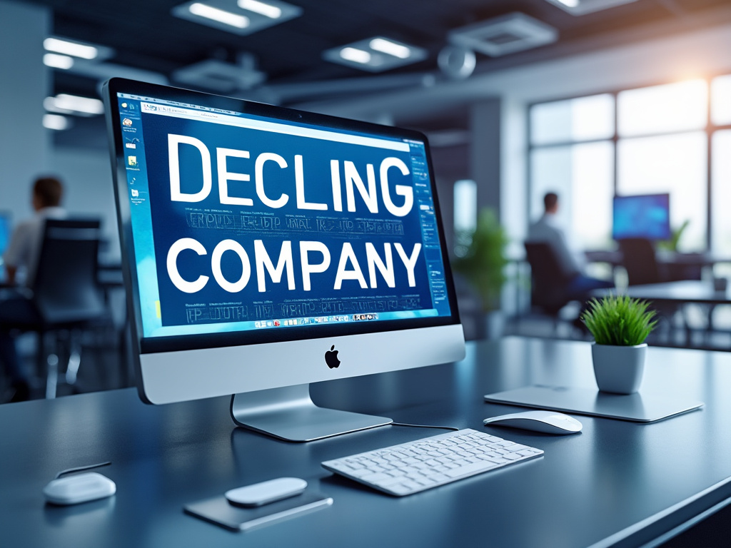 Pantalla de ordenador en oficina moderna con el texto 'Declining Company' en grande.
