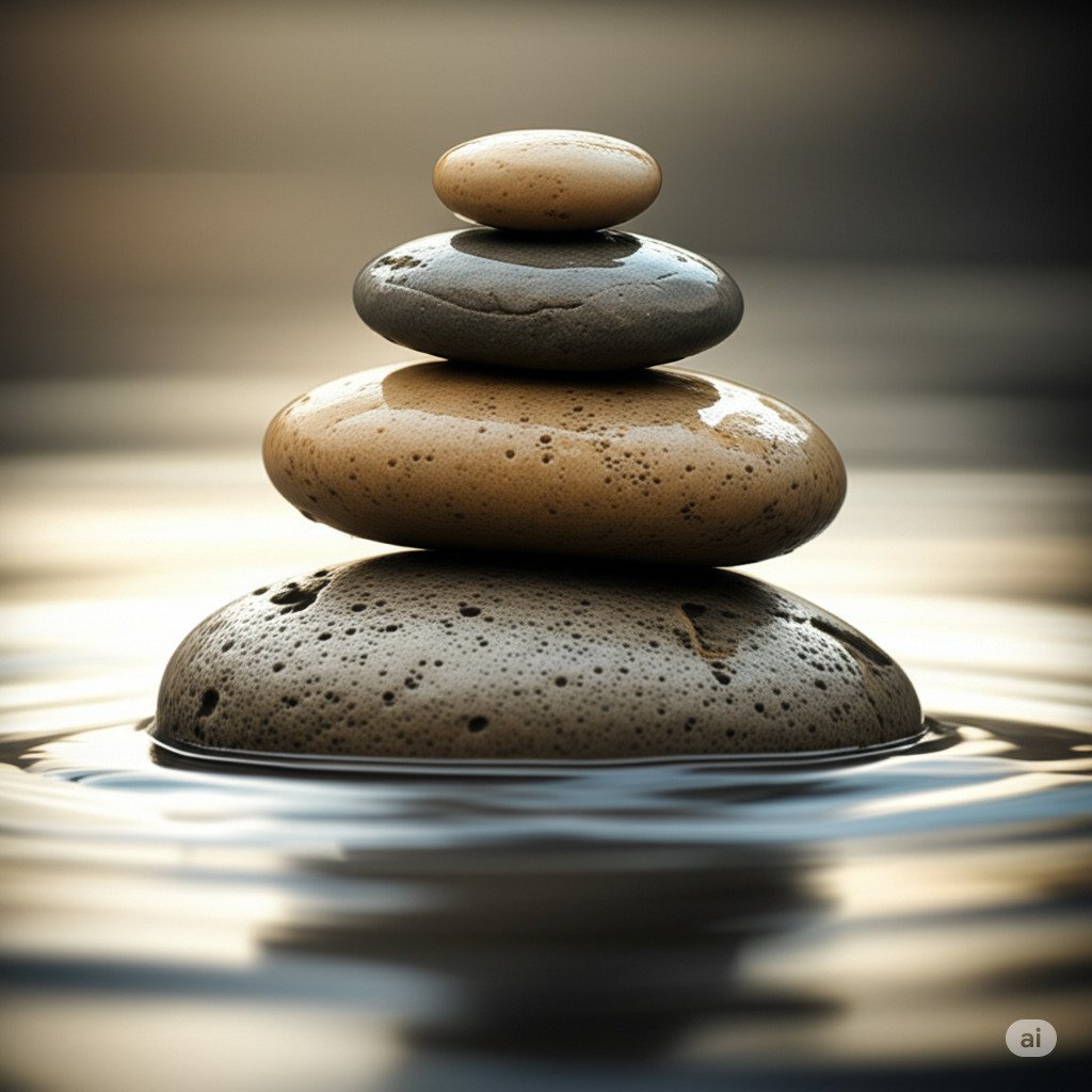 Stack of smooth stones balancing on rippling water surface, symbolizing tranquility and balance.