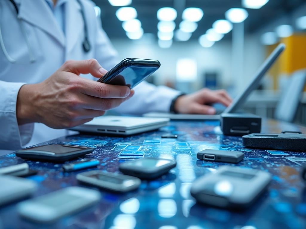Profesional de la salud usando un teléfono móvil en una oficina tecnológica con dispositivos electrónicos en el escritorio. Profesional de la salud usando un teléfono móvil en una oficina tecnológica con dispositivos electrónicos en el escritorio.
