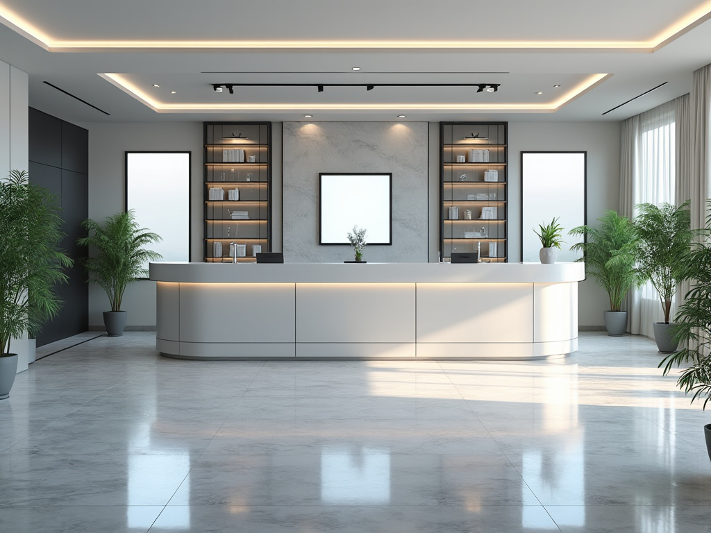 Recepción moderna con mostrador blanco, plantas en macetas y estantes iluminados en fondo elegante