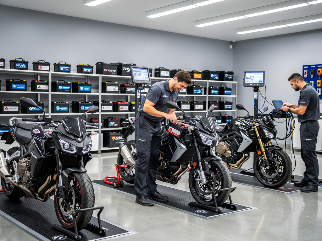 Técnicos realizando diagnóstico y mantenimiento de motocicletas en taller moderno con baterías en estanterías
