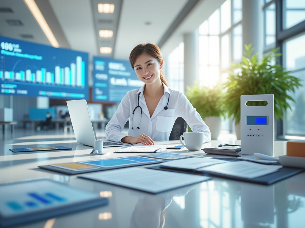 Doctora sonriente en oficina médica moderna con portátil, documentos y gráficos digitales de análisis de datos sanitarios