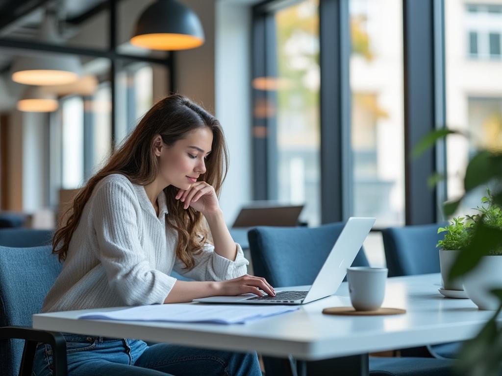 Woman working on a laptop in a modern office with large windows and indoor plants.