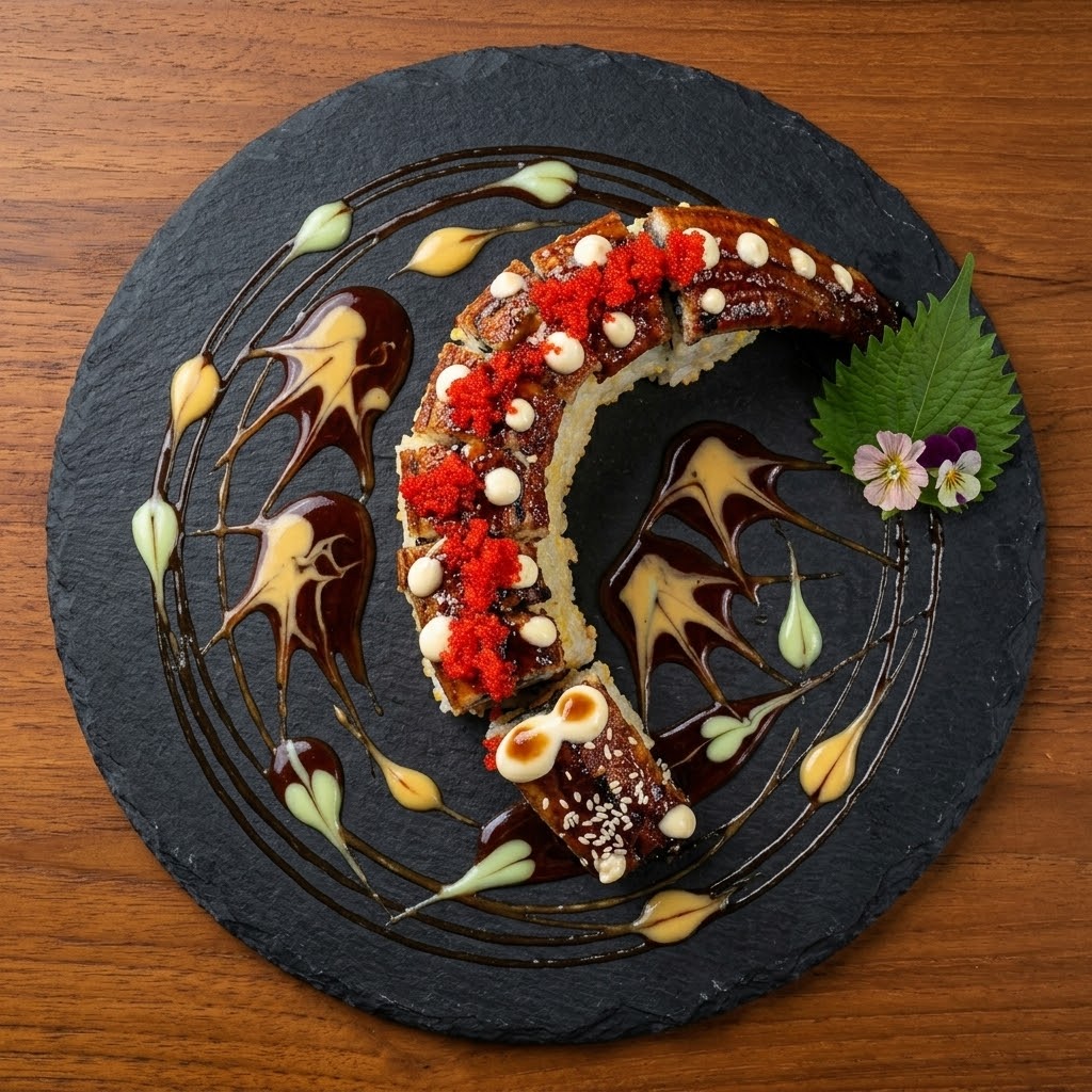 Indie Sushi Nouveau Asian restaurant logo with stylized white octopus and fish on black circle, established 2004