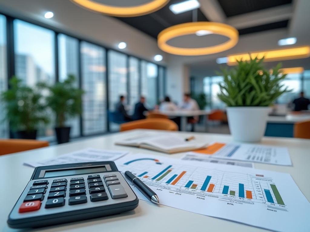 Mesa de oficina con calculadora, gráficos financieros y plántula decorativa al fondo.