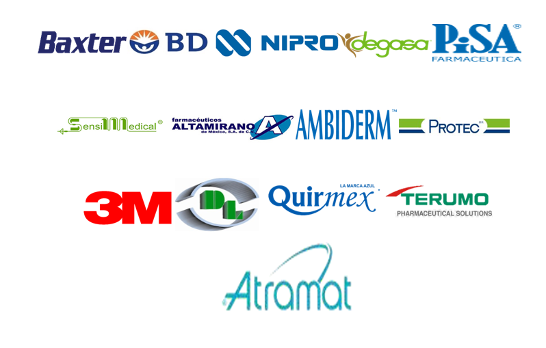 Logotipos de empresas farmacéuticas y de suministros médicos como Baxter, BD, Nipro, Degasa, PISA, Sensi Medical, Altamirano, Ambiderm, Protec, 3M, Quirmex, Terumo, DL, AtraMat. Logotipos de empresas farmacéuticas y de suministros médicos como Baxter, BD, Nipro, Degasa, PISA, Sensi Medical, Altamirano, Ambiderm, Protec, 3M, Quirmex, Terumo, DL, AtraMat.