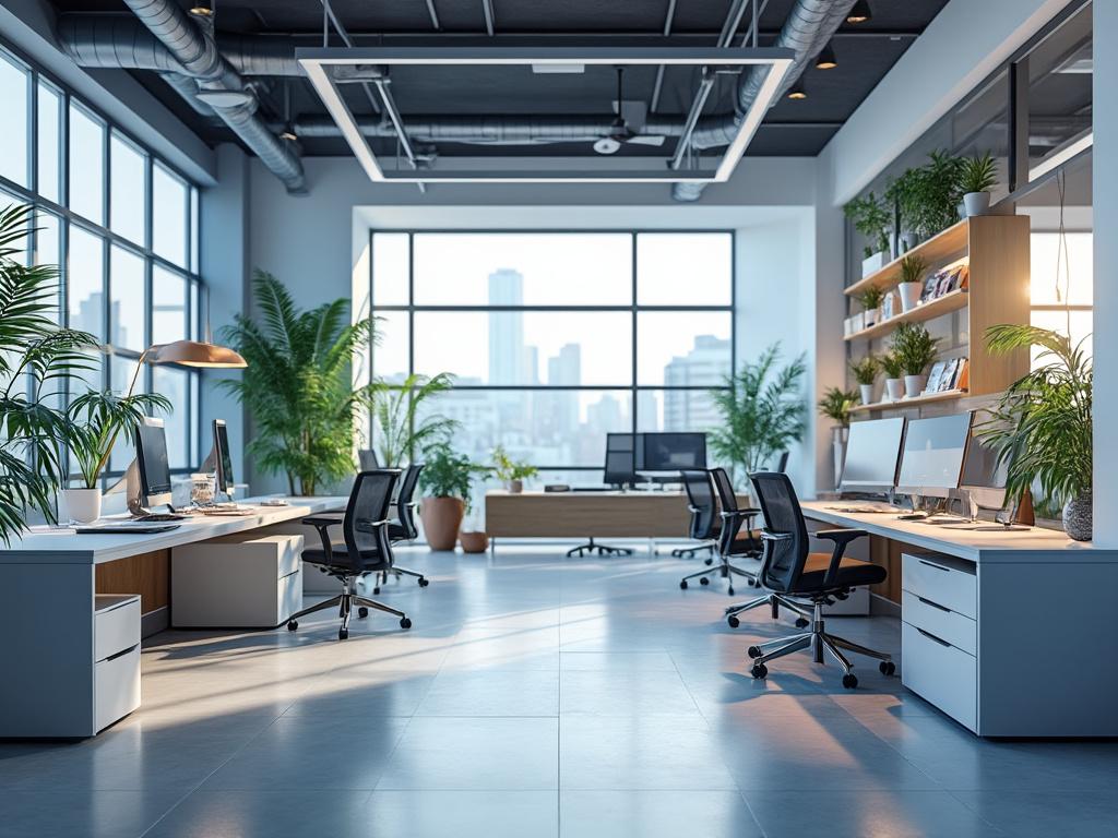 Oficina moderna con escritorios compartidos, plantas decorativas y grandes ventanas con vista a la ciudad.