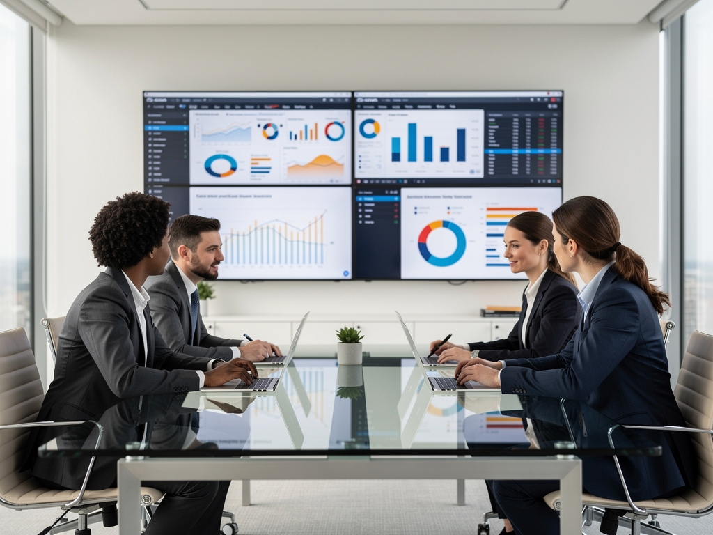 Equipo de negocios en reunión analizando paneles de datos y gráficos en sala de conferencias moderna