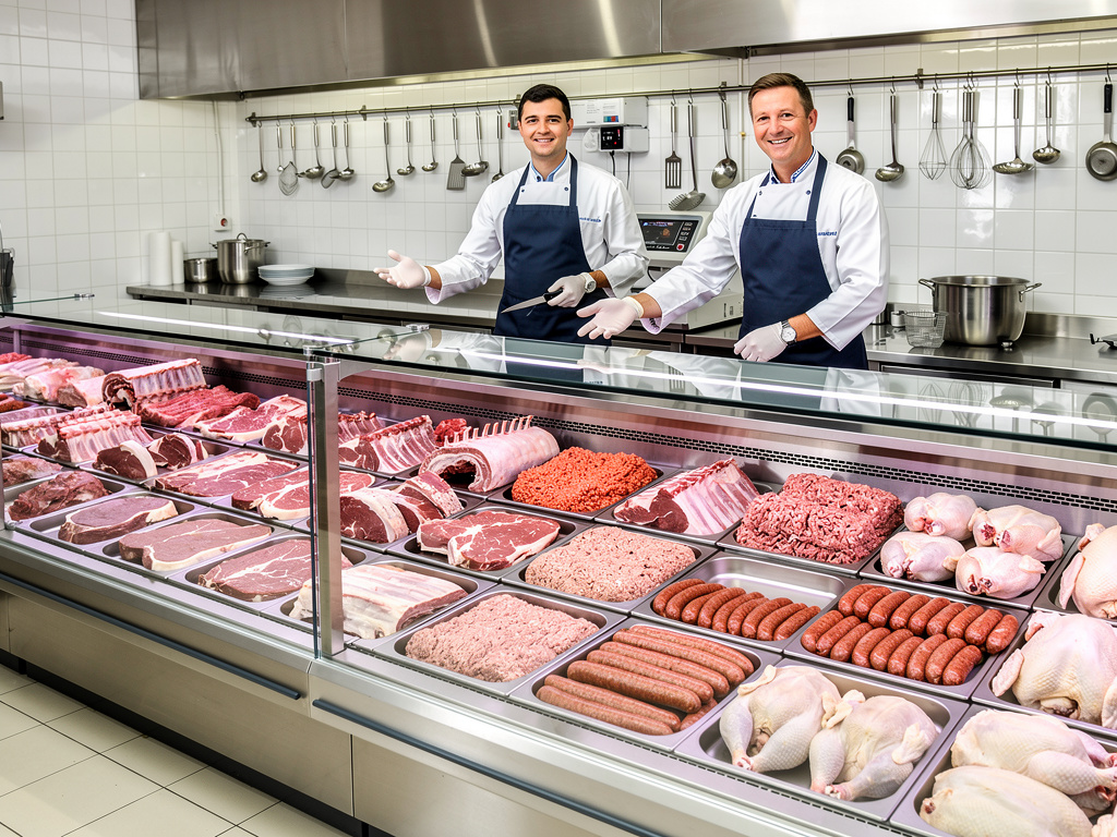 Carniceros en mostrador de carnicería con carnes frescas, embutidos y pollo en cocina profesional