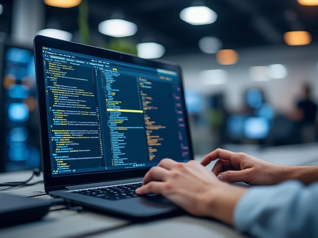 Persona programando en una computadora portátil, con código visible en la pantalla en un entorno de oficina moderno.