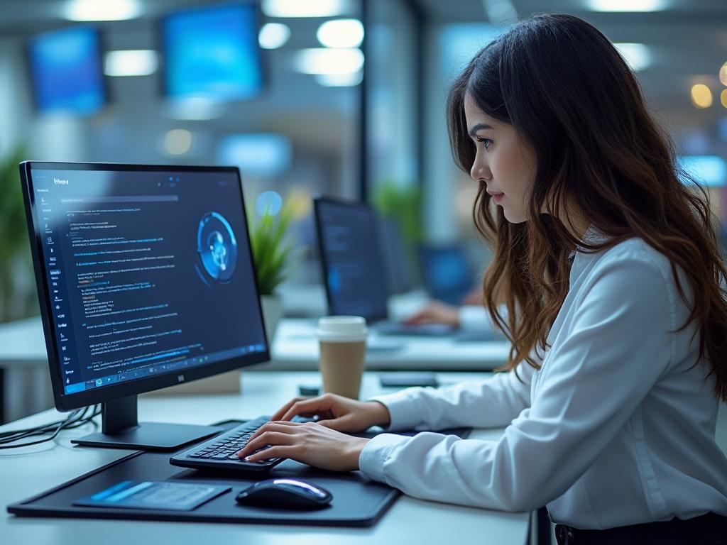 Mujer programadora trabajando en una oficina moderna frente a un monitor con código fuente, con taza de café al lado.