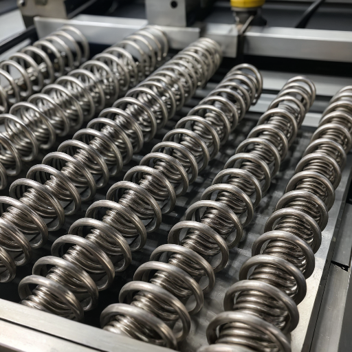 Resortes metálicos industriales alineados en una máquina de fabricación automatizada