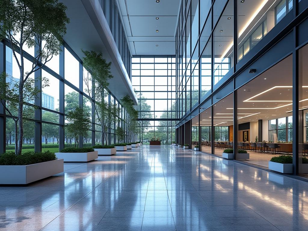 Interior moderno de un edificio con grandes ventanales, árboles en macetas y área de descanso.