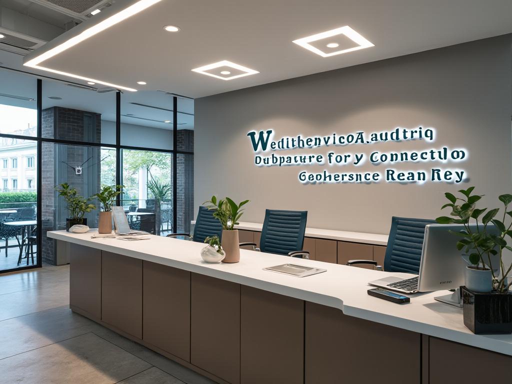 Recepción moderna con escritorio blanco, sillas azules y plantas, luz de techo geométrica y ventana grande con vista exterior.