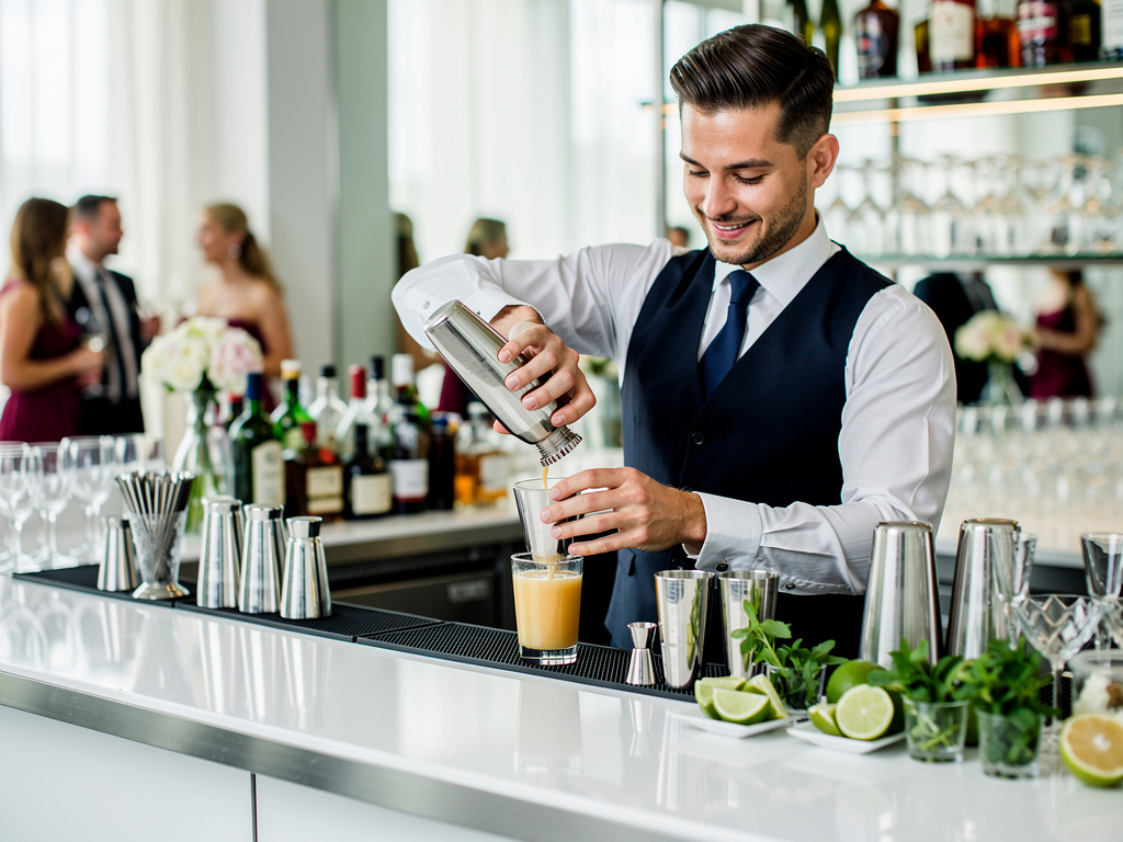 Professional bartender in vest shaking and pouring cocktail at elegant bar with liquor bottles, citrus, and fresh herbs