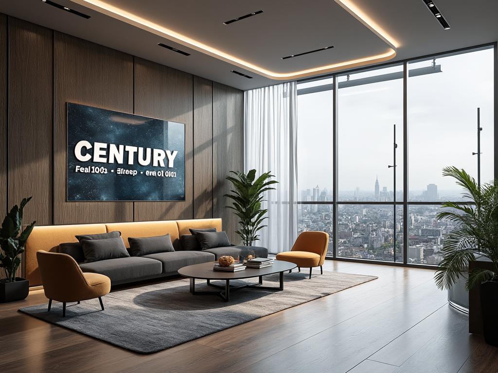 Sala de estar moderna con sofá gris, sillones amarillos, plantas decorativas y vista panorámica de la ciudad.