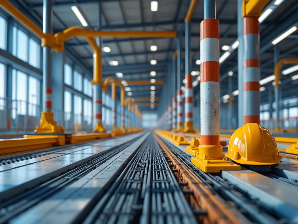Interior of a modern train depot with orange and white safety barriers, tracks, and a yellow construction helmet placed on a rail.