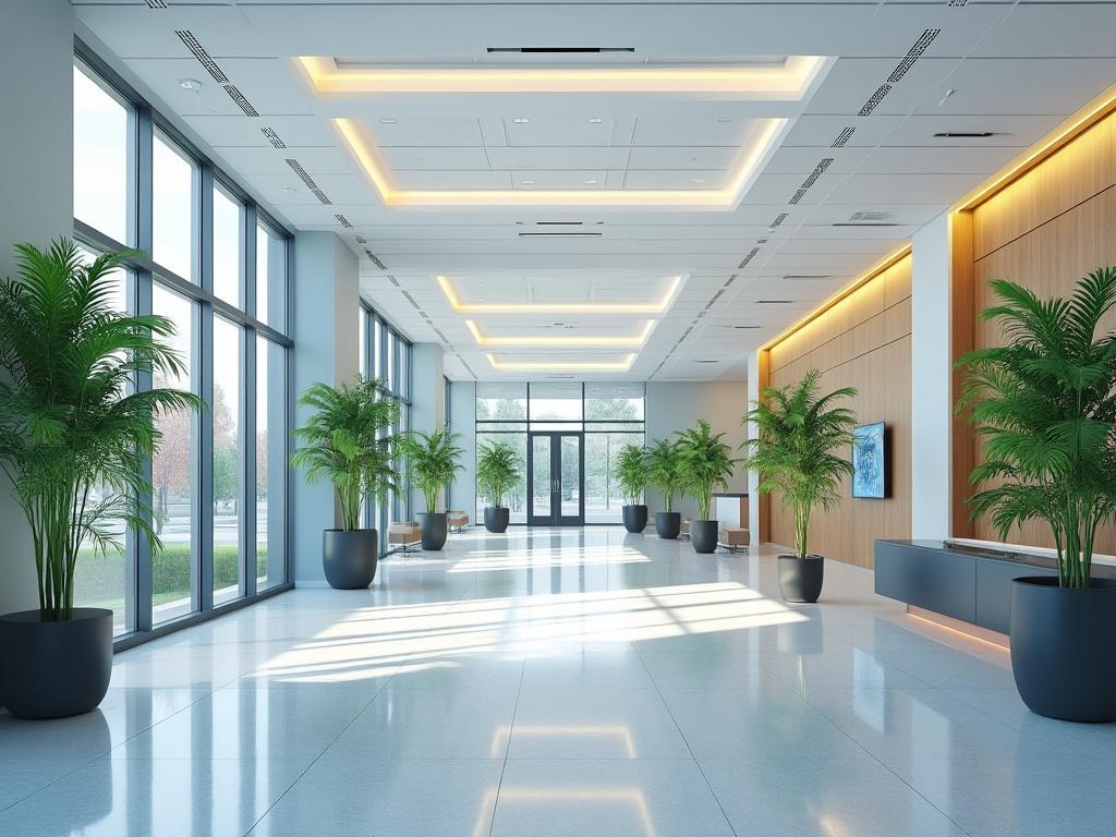 Vestíbulo moderno con plantas verdes en macetas y luz natural a través de ventanas grandes.