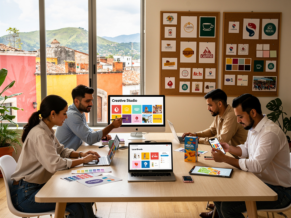 Equipo de diseño gráfico trabajando en branding y logotipos en oficina creativa con vista a la ciudad