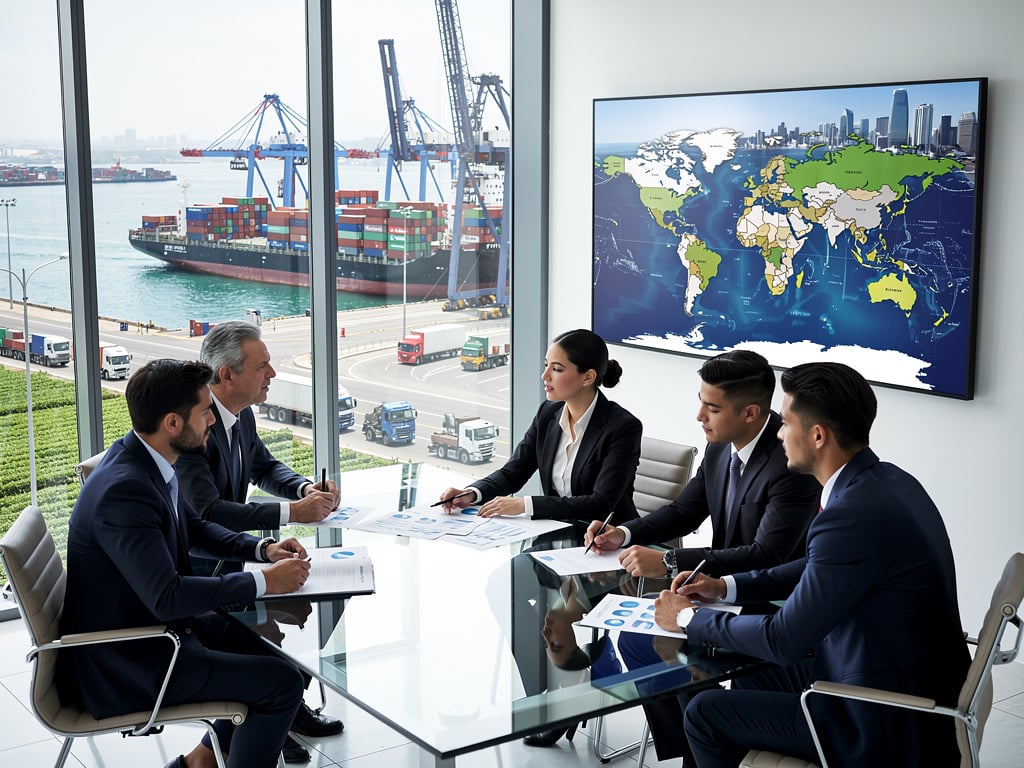 Reunión de negocios sobre logística internacional en oficina con vista a puerto de contenedores y mapa mundial