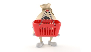 Dollar Money Bag Character Holding Empty Shopping Basket