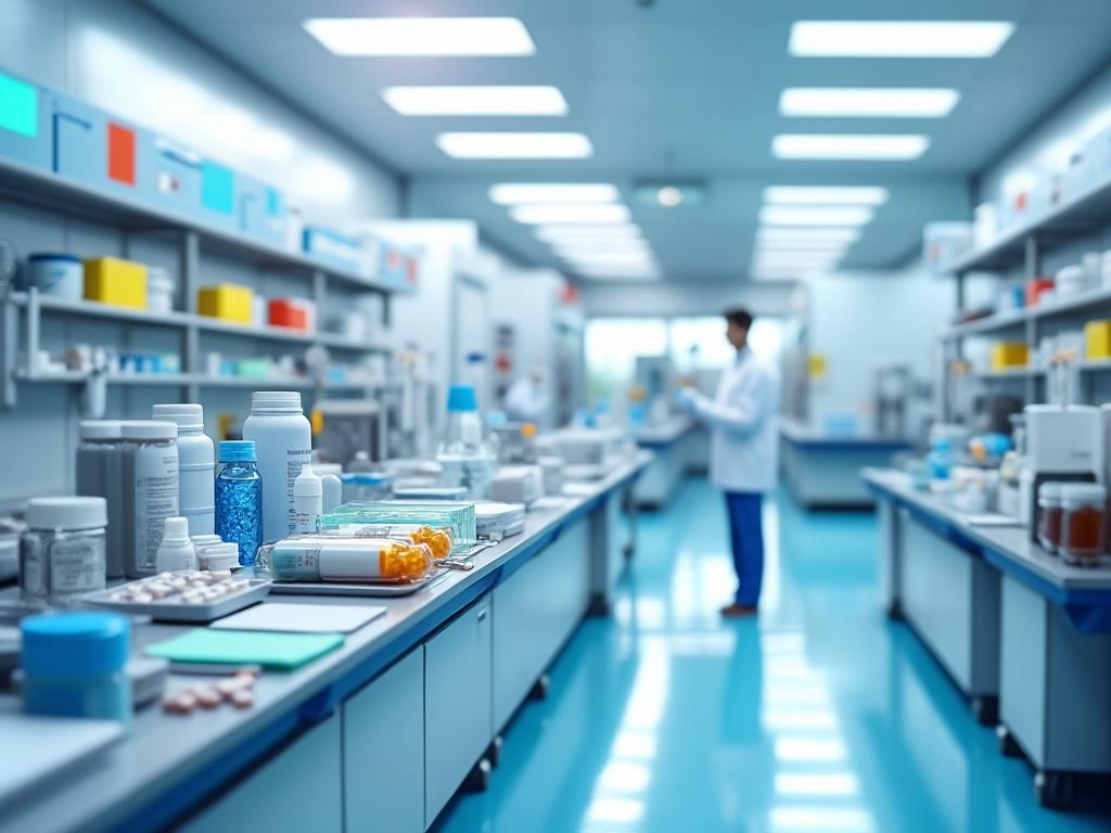 Laboratorio moderno con instrumentos científicos y medicamentos, científico de pie al fondo.
