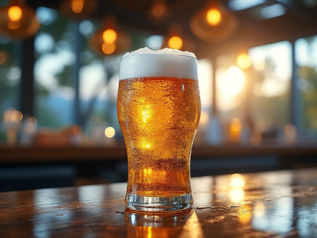 Vaso de cerveza dorada con espuma en un bar iluminado por luces cálidas durante el atardecer.