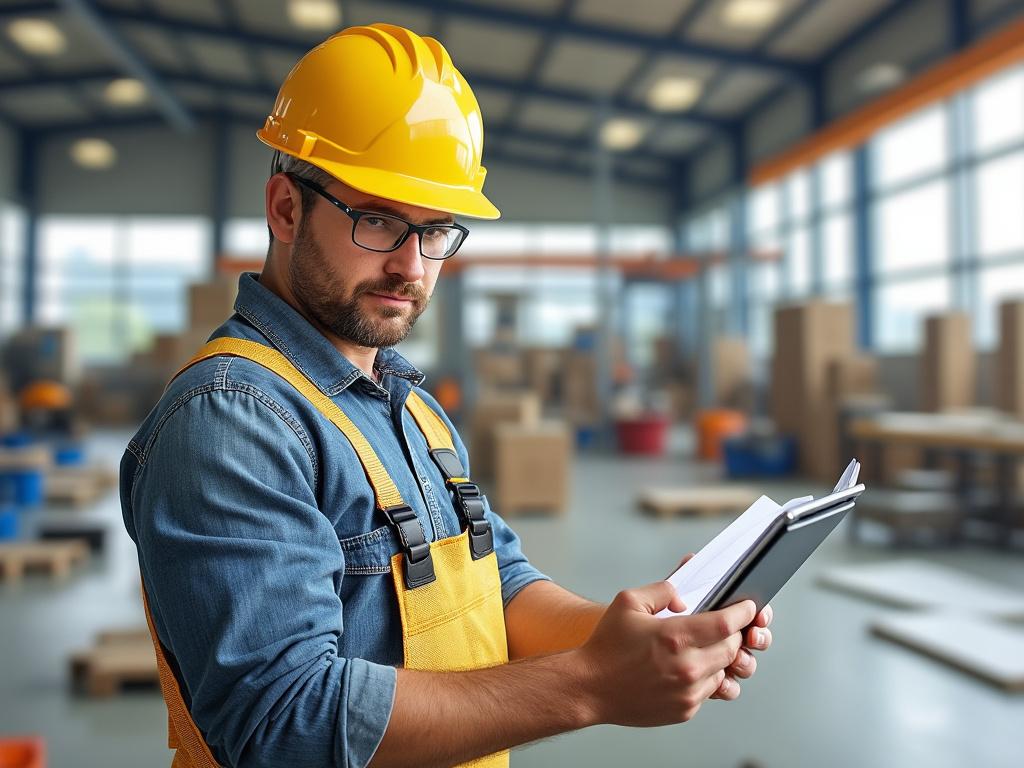 Construction worker in yellow hard hat and overalls holding a clipboard inside a spacious warehouse with stacks of materials.