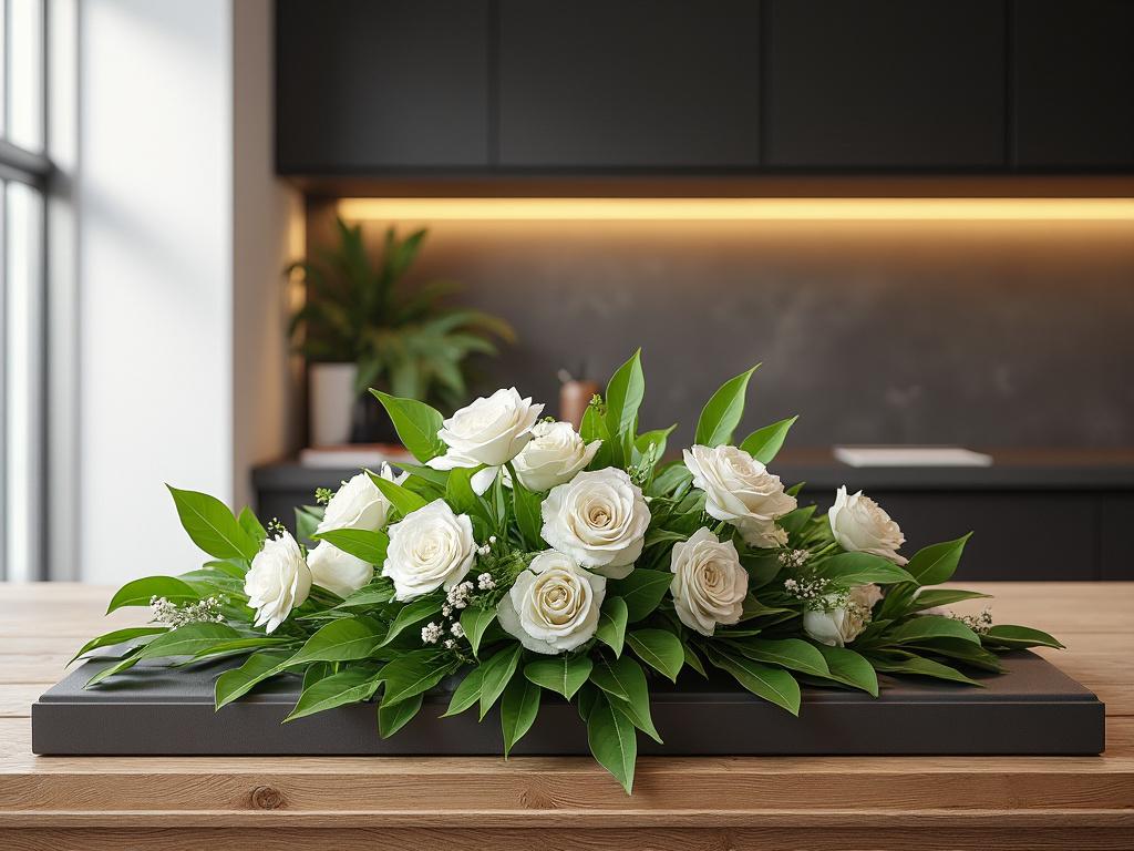 Arreglo de rosas blancas sobre mesa de madera en cocina moderna con iluminación cálida.