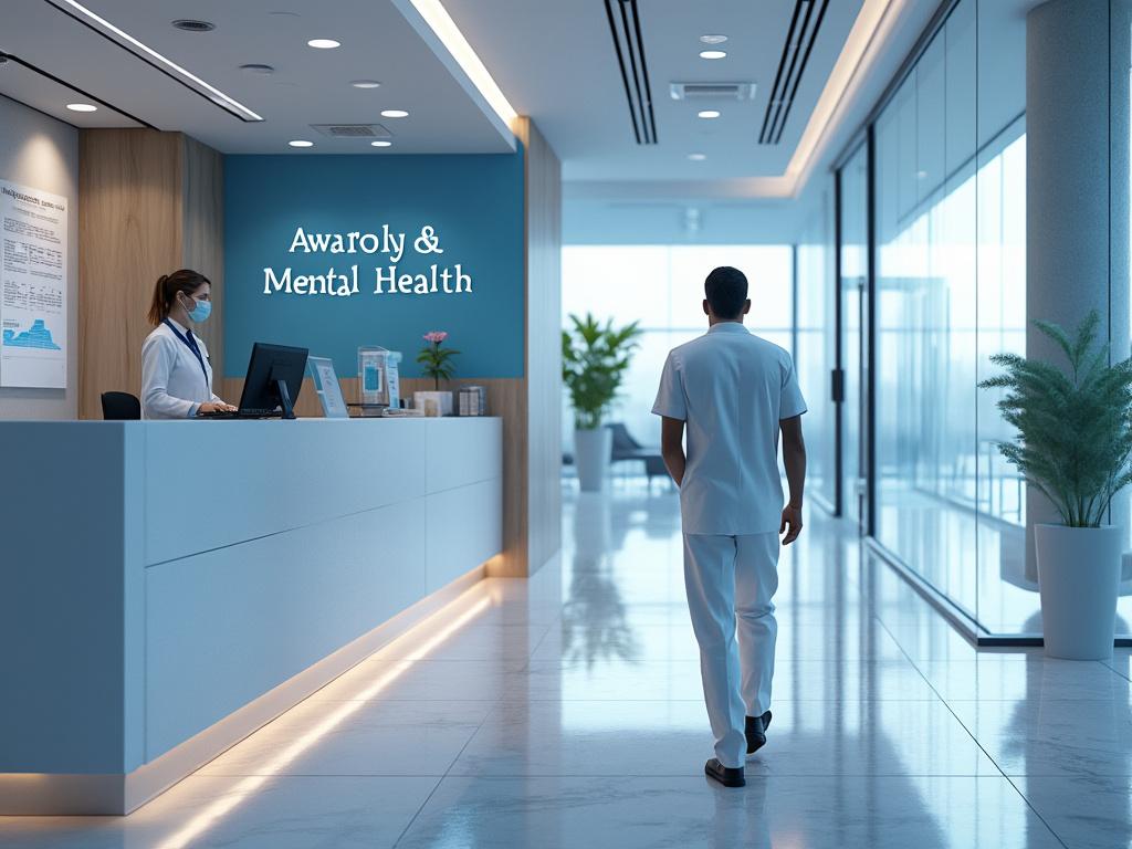 Recepcionista con mascarilla en clínica de salud mental, pasillo moderno con plantas y panel de vidrio.