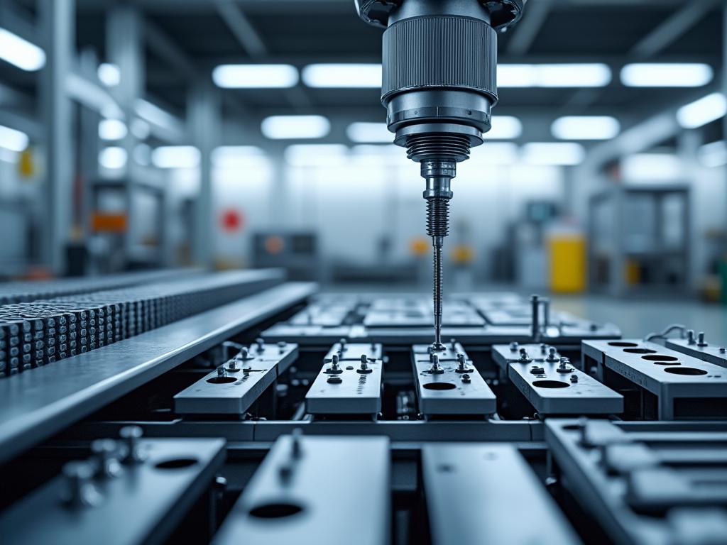 Primer plano de máquina CNC en operación en un taller de fabricación moderno, mostrando detalles de perforación de precisión en piezas metálicas. Primer plano de máquina CNC en operación en un taller de fabricación moderno, mostrando detalles de perforación de precisión en piezas metálicas.