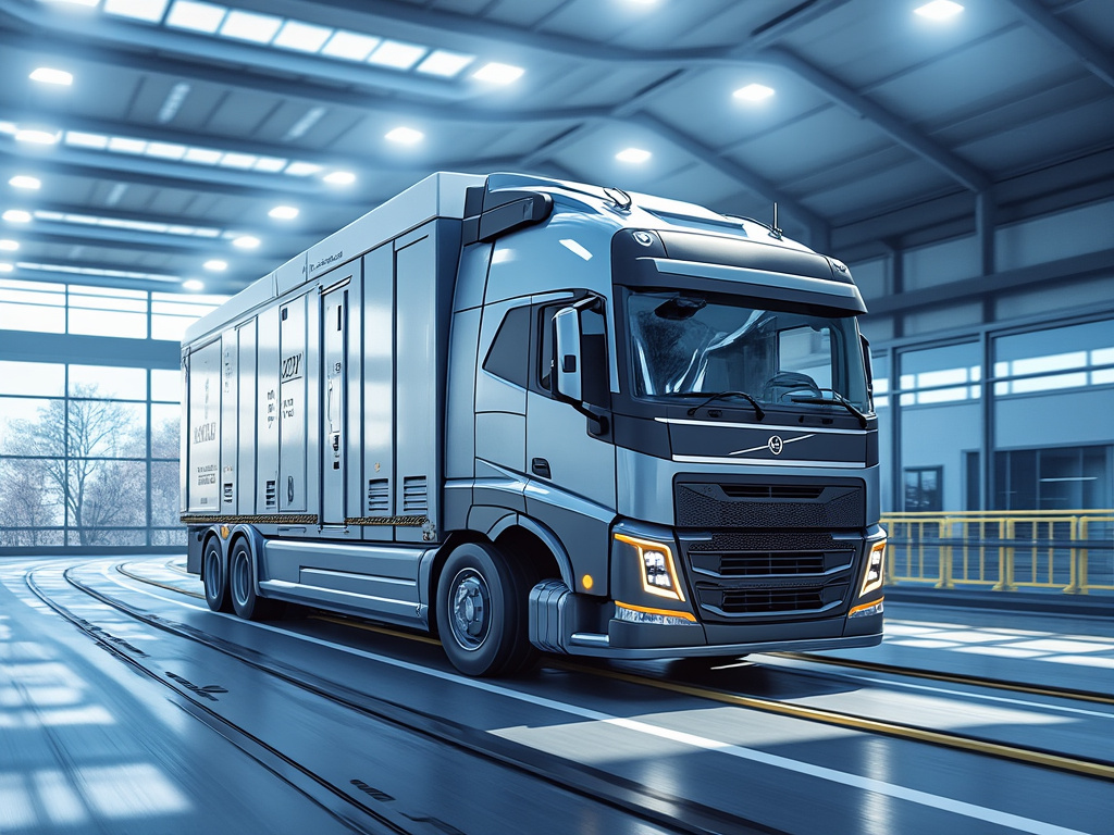 Futuristic electric cargo truck inside a modern industrial warehouse with bright overhead lights