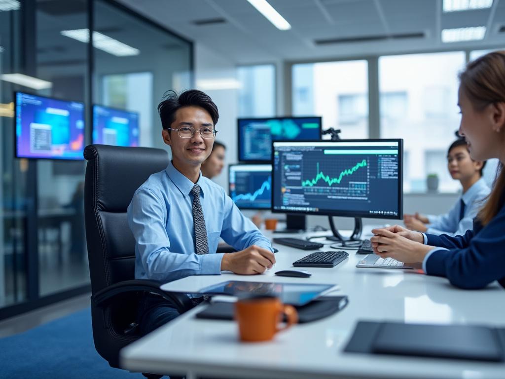 Personas en una oficina analizando datos financieros en monitores de computadora, mostrando gráficos y estadísticas, ambiente de colaboración profesional.