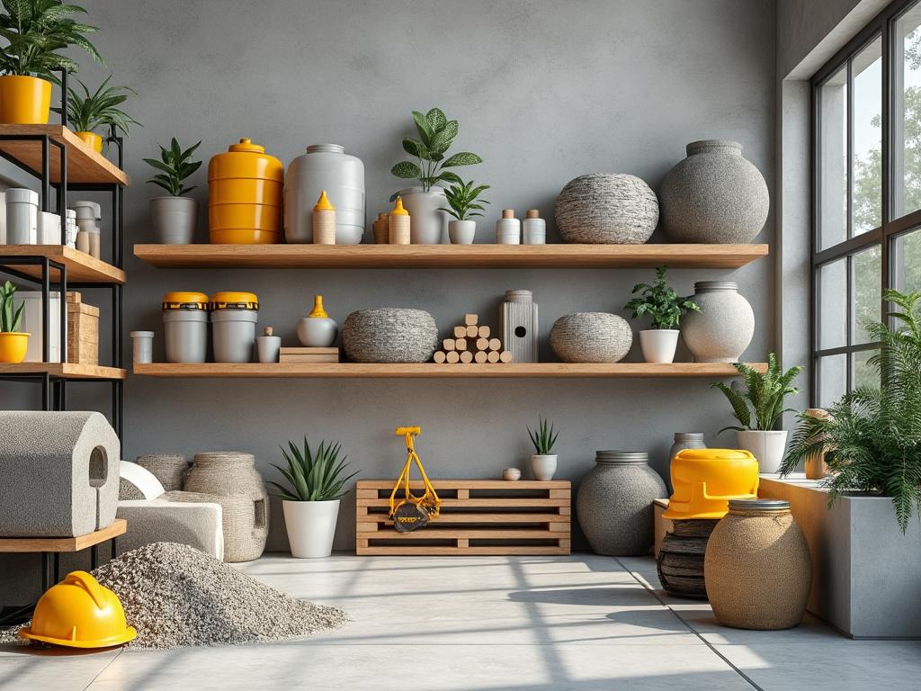 Interior moderno con estantes de madera, macetas decorativas, plantas y herramientas de construcción en un espacio iluminado.