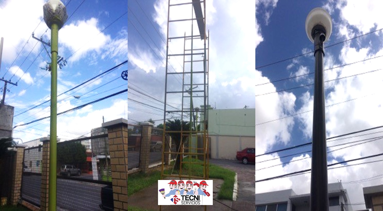Reparación y pintura  de poste de lámpara en Ediﬁcio Loma Linda.