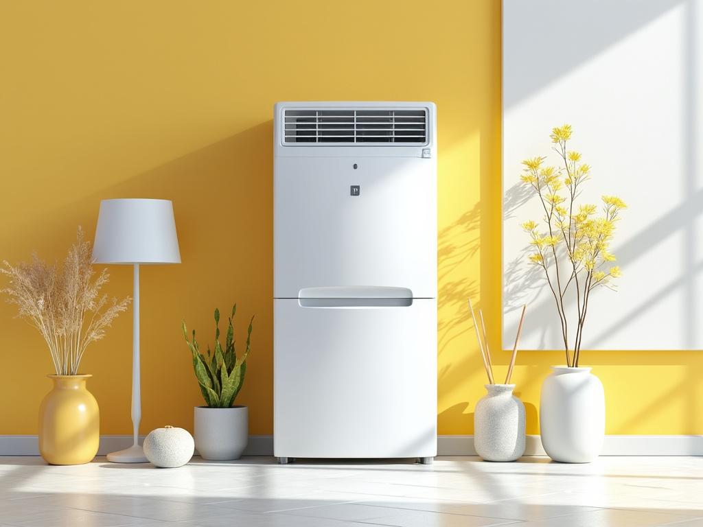 Refrigerador blanco en una sala de estar con pared amarilla, lámpara moderna y plantas decorativas en macetas.