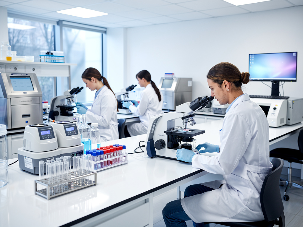 Científicas analizando muestras en microscopios dentro de un laboratorio clínico moderno