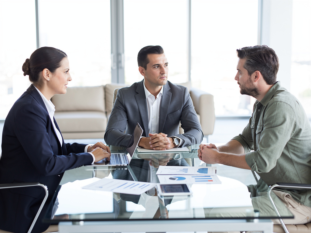 Reunión de negocios con tres profesionales analizando documentos y portátil en oficina moderna