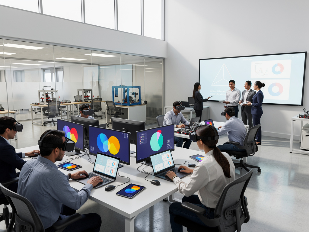 Equipo de profesionales usando gafas de realidad virtual y pantallas con gráficos en laboratorio tecnológico moderno